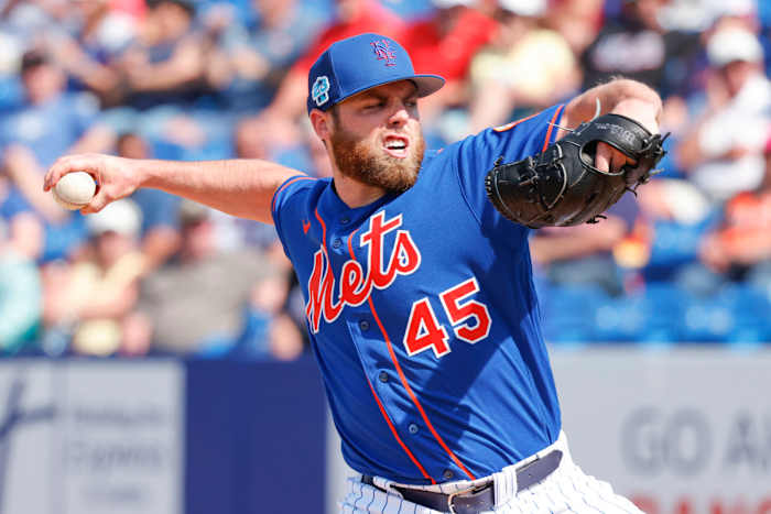 New York Mets starting pitcher Sam Coonrod throws a pitch during the fifth inning against the Houston Astros at Clover Park. (2023)